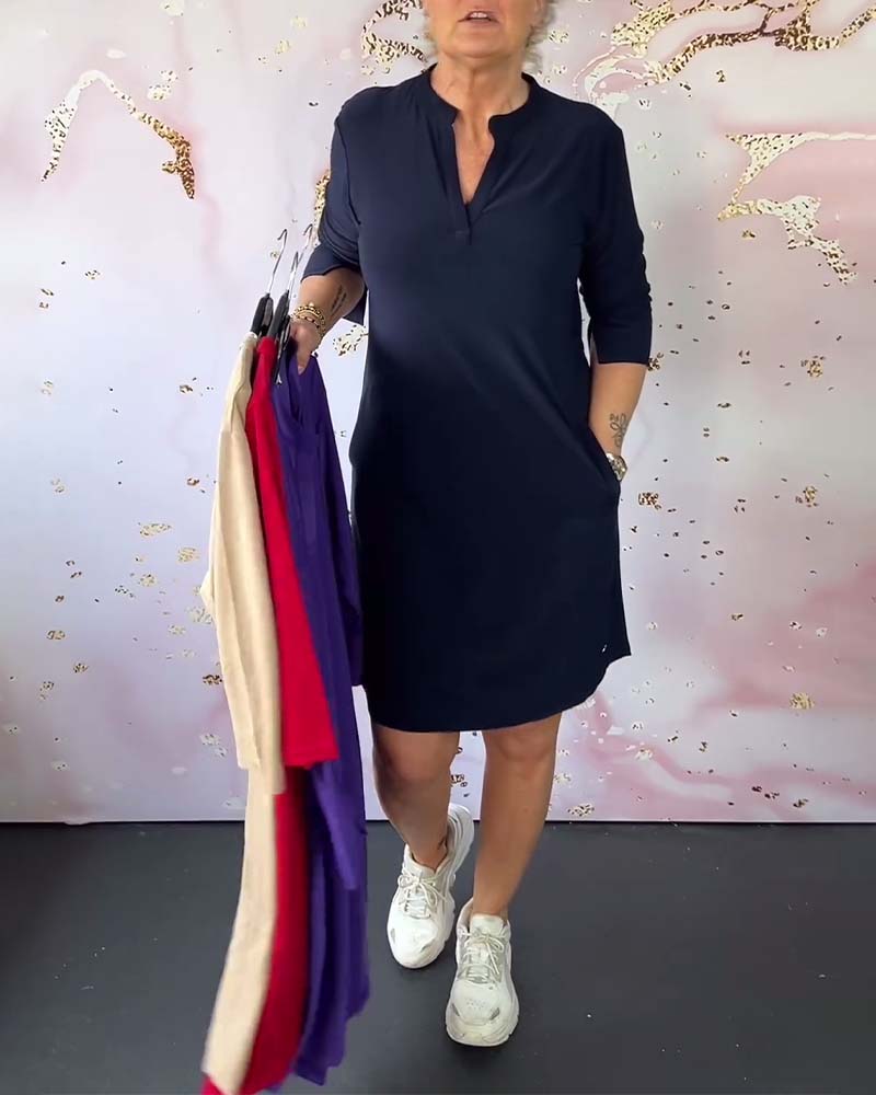Women's Solid Color V-Neck Dress with Fluid Cut for Everyday Comfort