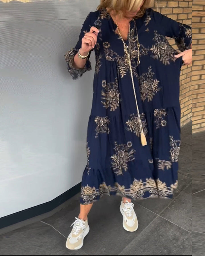 Nora Vintage Loose V-Neck Midi Dress - Elena Harper