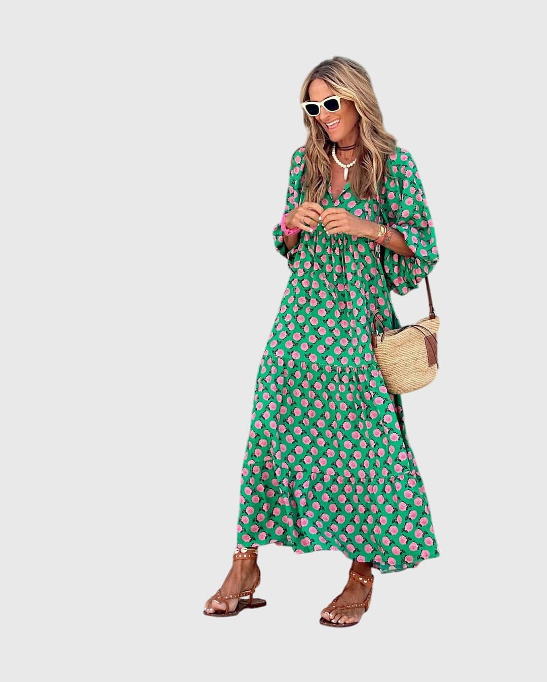Sarah™ Boho Maxi Dress by Emma & Rose Cape Town, flowing bohemian style with floral patterns and lightweight fabric.