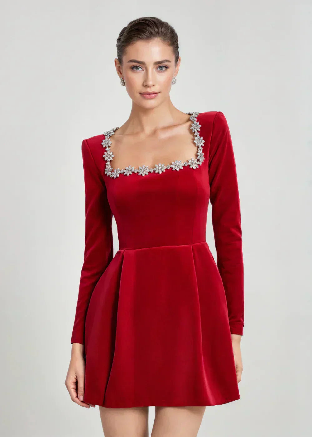 Mini Velvet Dress for Women with Square Neckline, Long Sleeves, and Flared Skirt, view 3 - Elena Harper