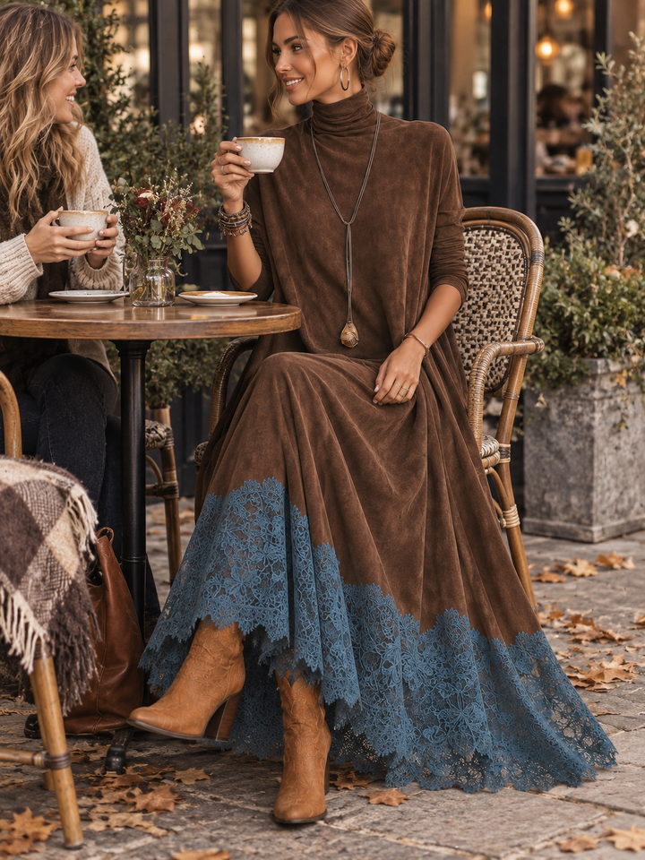 Long women's suede-effect dress with lace