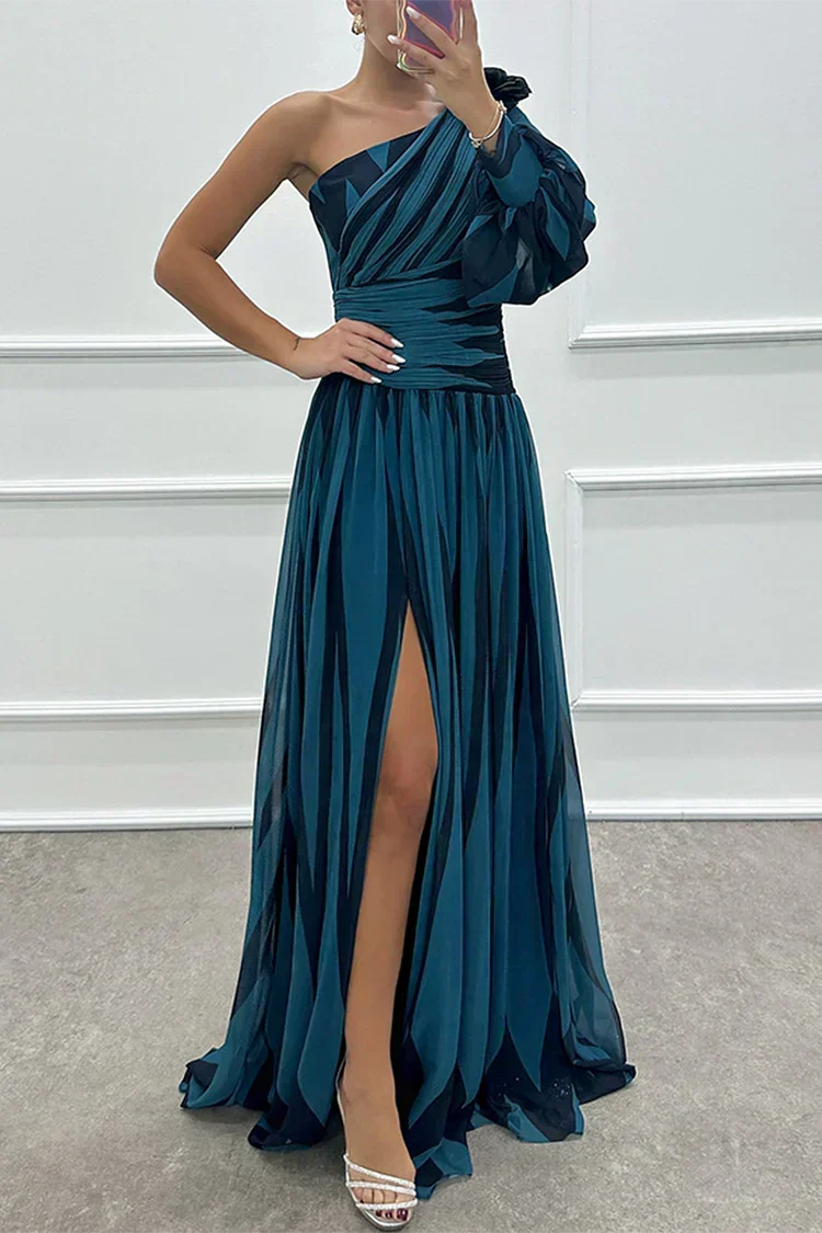 Women's Striped One-Shoulder Maxi Dress with Slit