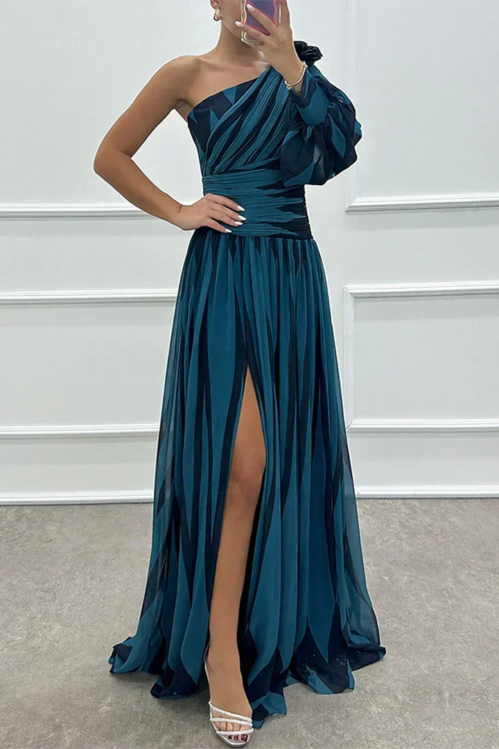 Women's Striped One-Shoulder Maxi Dress with Slit