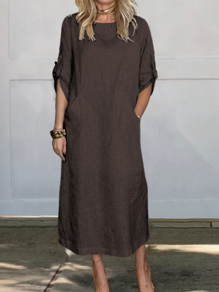 Mia Simple and Comfortable Linen Dress with Pockets, view 4 - Elena Harper