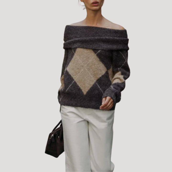 Women's Argyle Off-Shoulder Sweater