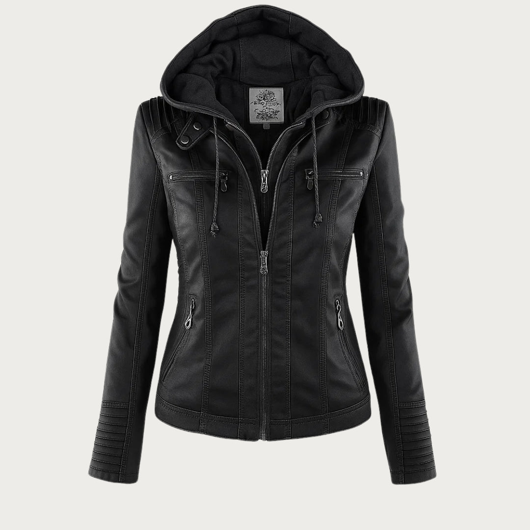 Women's Hooded Faux Leather Jacket with Zip Closure