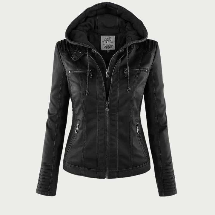 Women's Hooded Faux Leather Jacket with Zip Closure