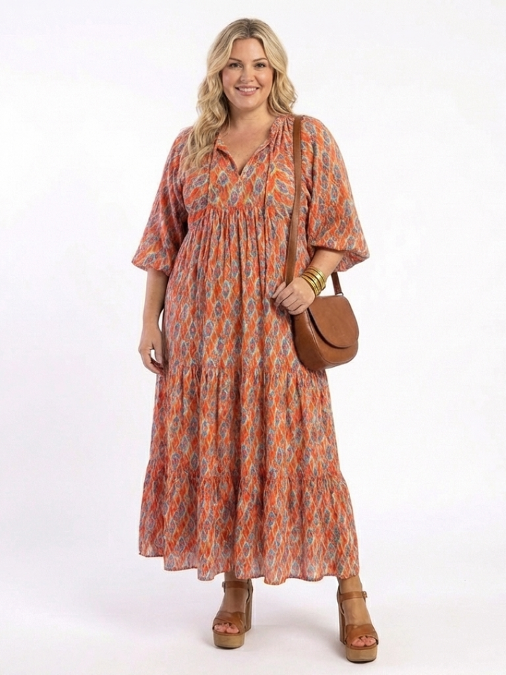 Amara Geometric Print V Neck Tiered Midi Dress - Elena Harper