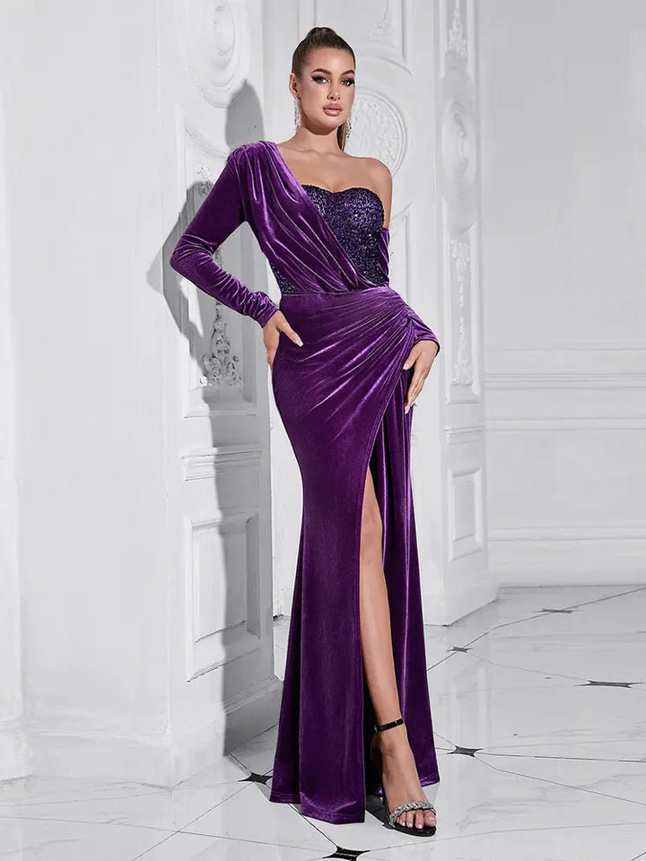 Purple Sequin High-Slit Long Dress