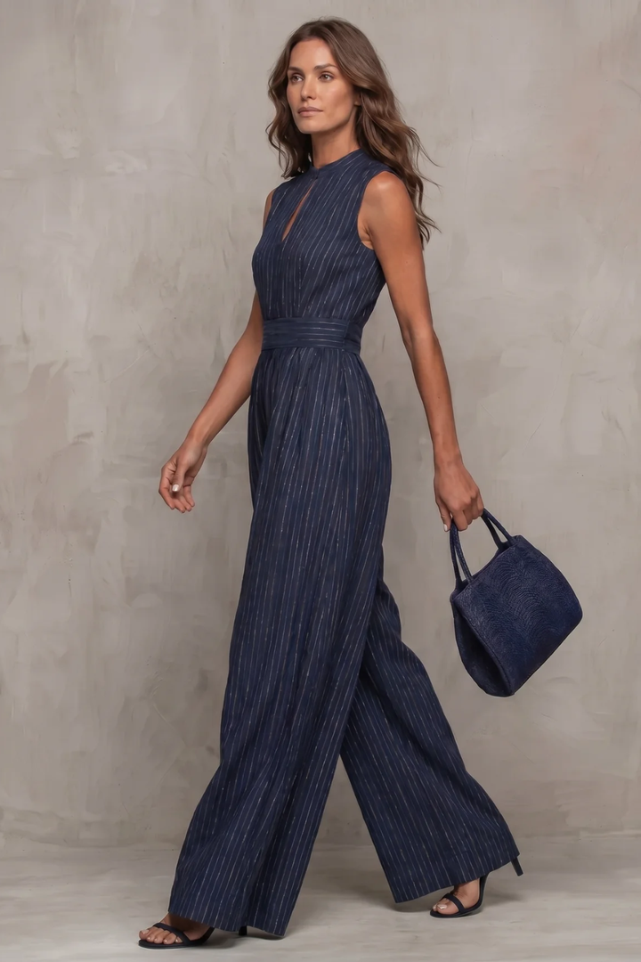 Women's Striped Wide Leg Jumpsuit with Keyhole Neckline Ambrielle, view 3 - Elena Harper