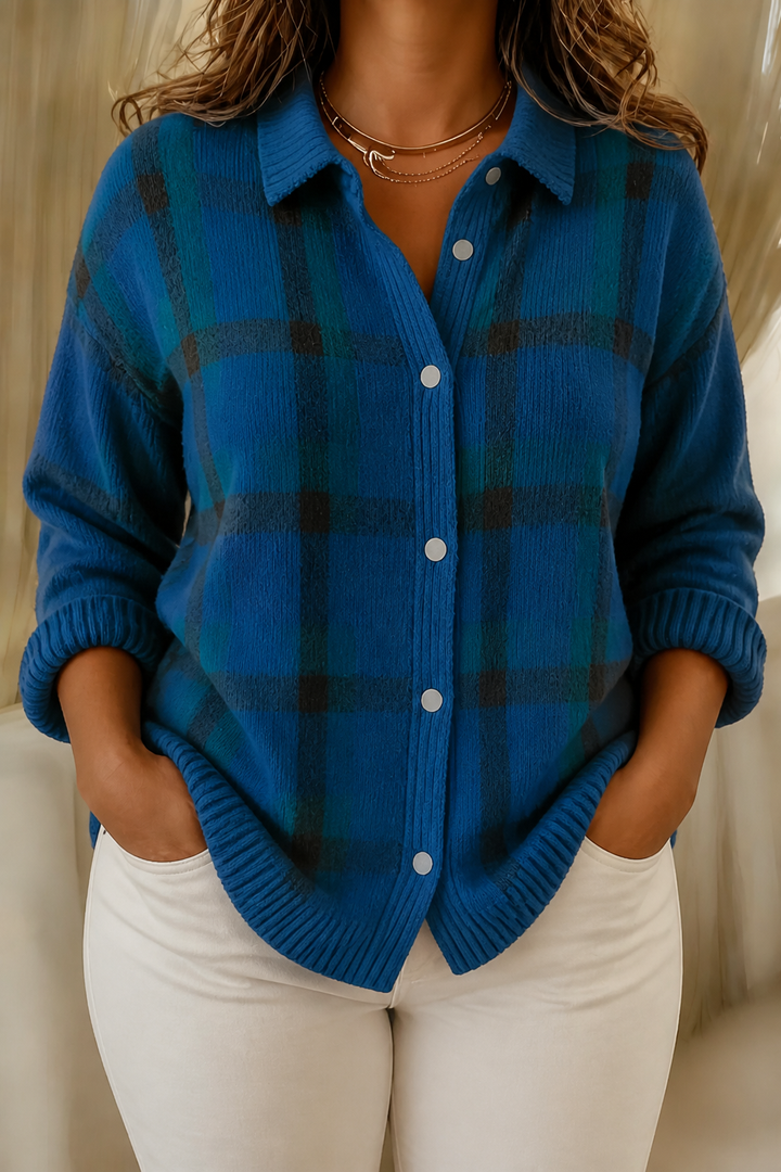 Women's Plaid Button-Up Cardigan with Collar, view 6 - Elena Harper