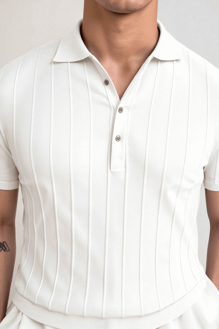 Emma & Rose Manhattan Vertical™ striped button-up polo shirt with a classic collar and long sleeves.