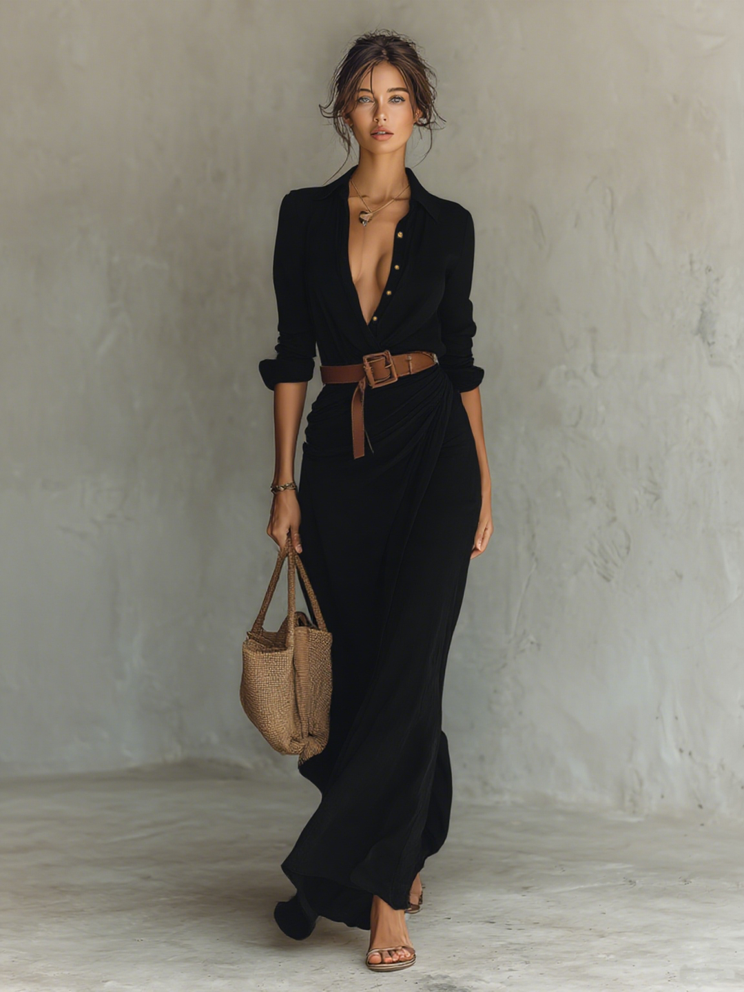 Maxi Long Dress with Notched Collar for Women, Long Sleeves, One-Button Closure