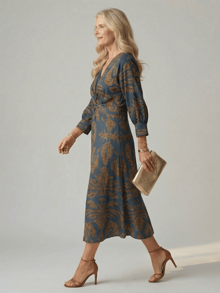 Emma & Rose Cape Town Lune™ Natural Wrap Midi Dress, showcasing the elegant midi length, soft fabric, and stylish wrap design.