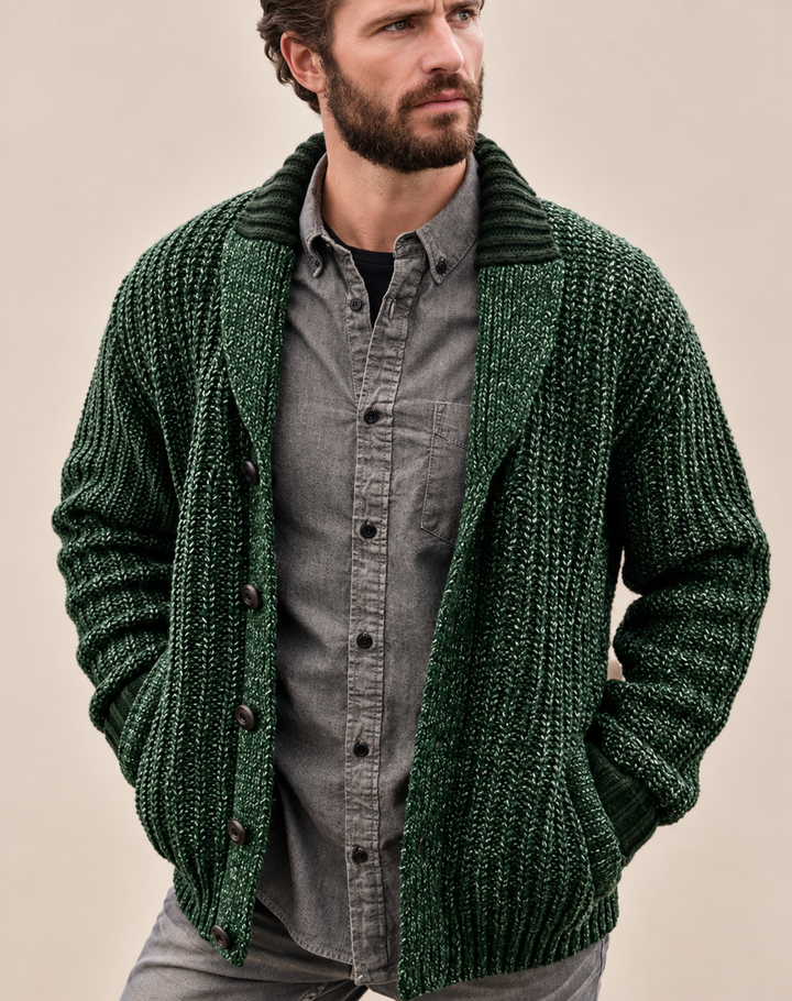 Men's Robust Knitted Cardigan with Shawl Collar and Buttons
