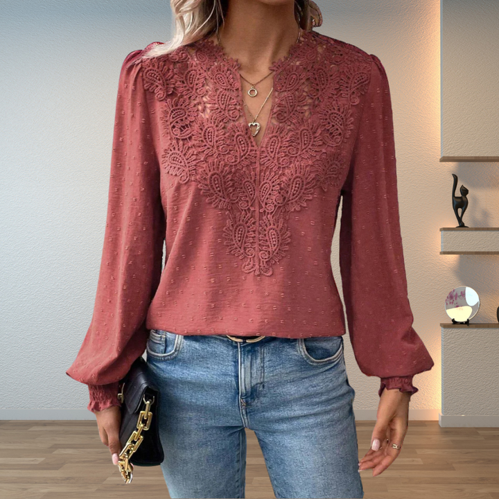Lillian | Ladies V-Neck Long Sleeve Floral Detail Blouse Top