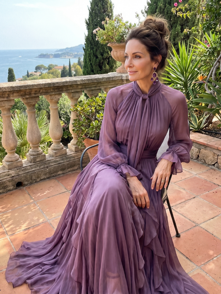 Demetria Tie Neck Ruffle Tiered Maxi Dress - Elena Harper