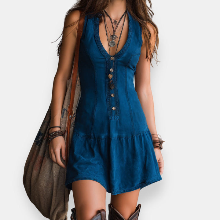 Lunetta Boho Mini Dress with Button Placket - Elena Harper