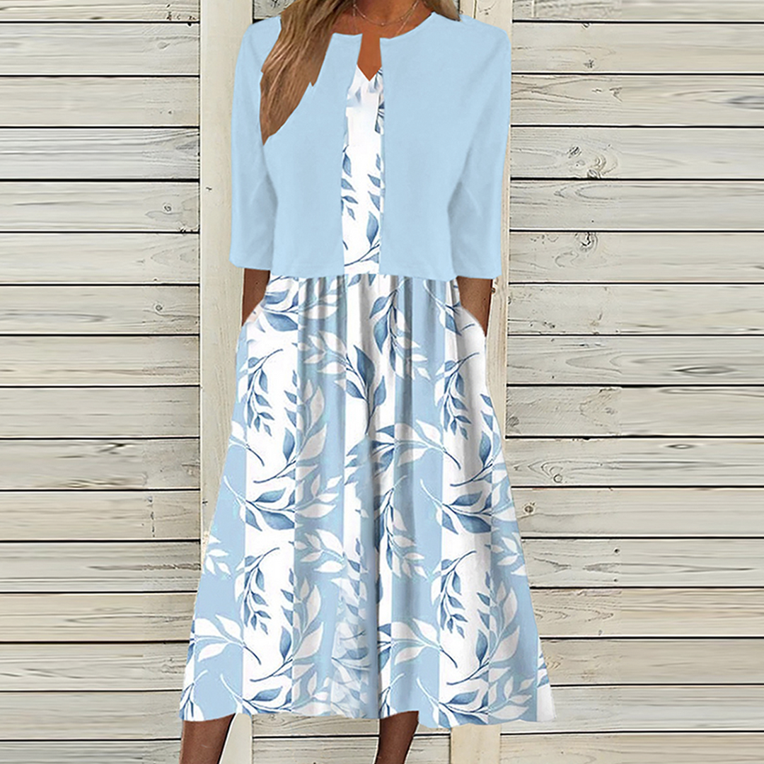 Unique Blue Plant Print Midi Dress With Jacket - Elena Harper