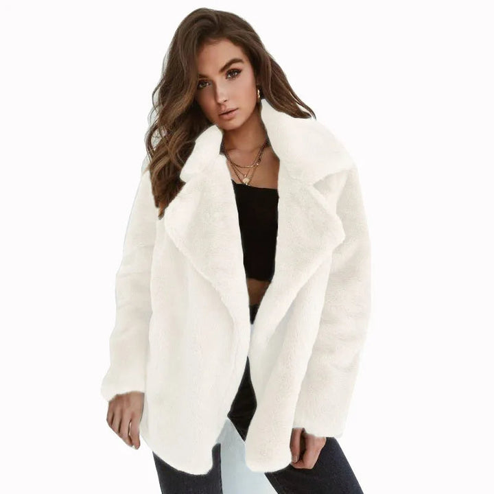 Women's Faux Fur Teddy Jacket with Wide Lapel Collar, view 2 - Elena Harper
