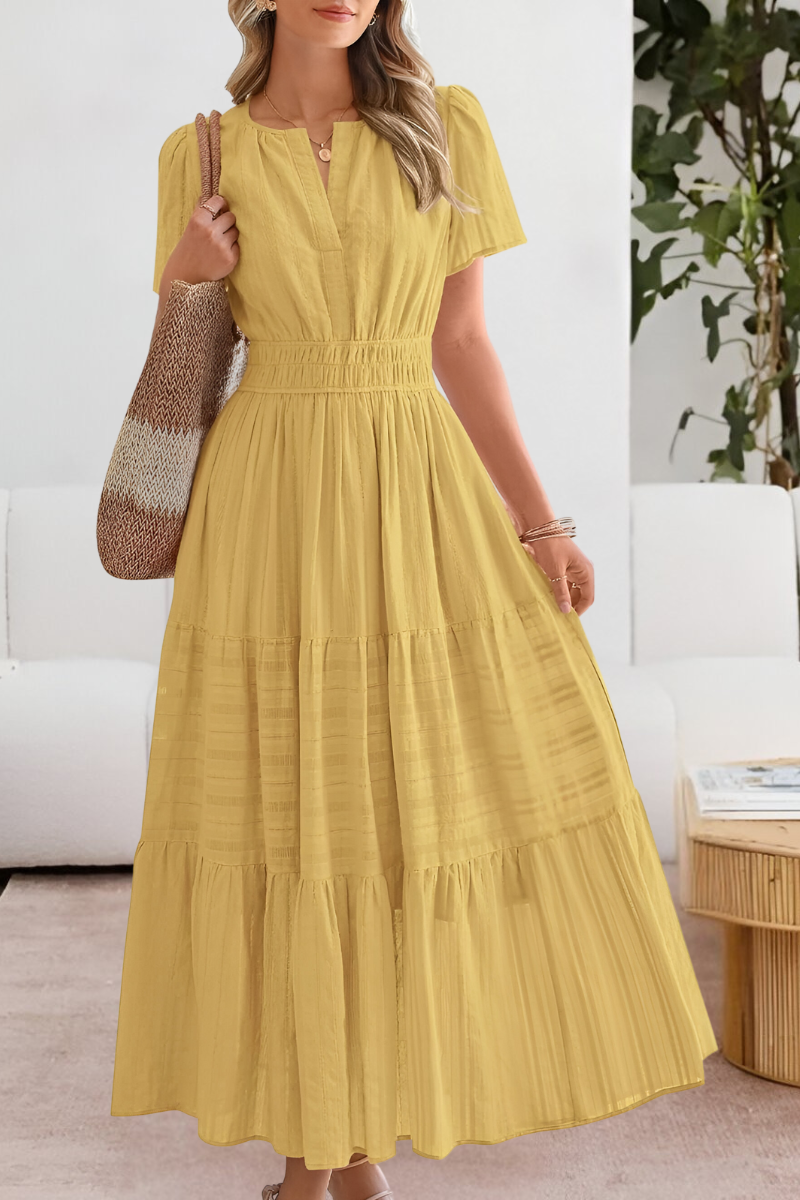 Women's Bohemian Smocked Midi Dress - Short Sleeve Comfort