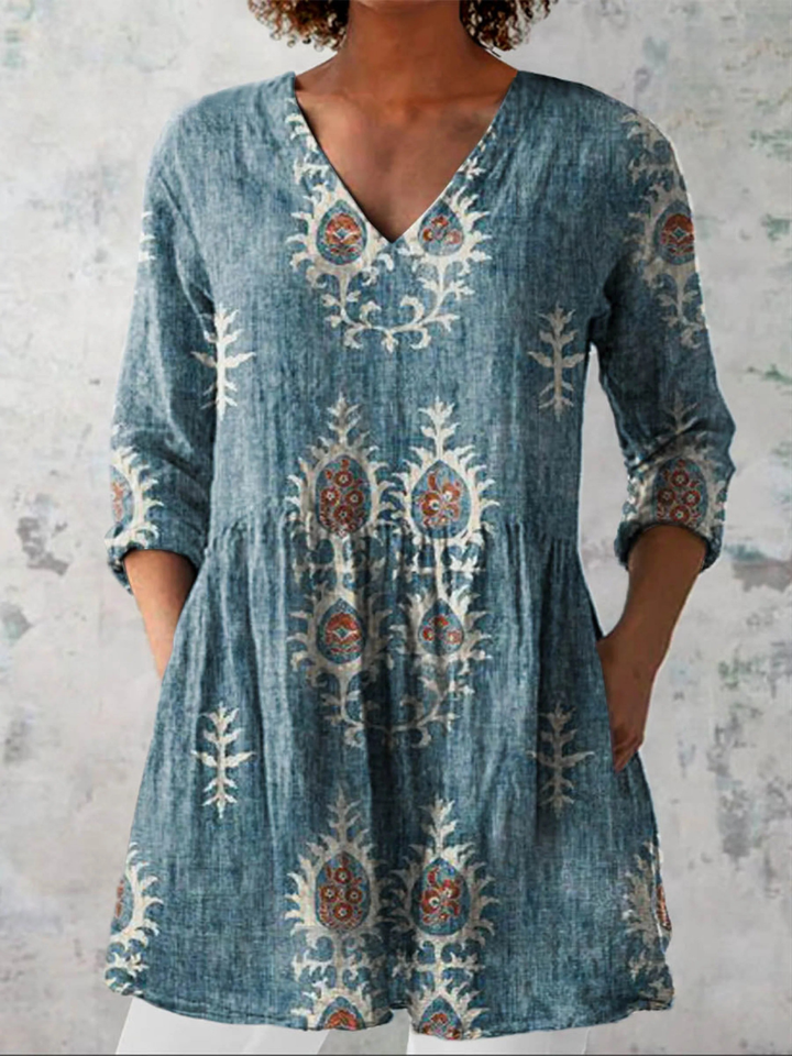 Elise Long Blouse with V-Neck - Elena Harper