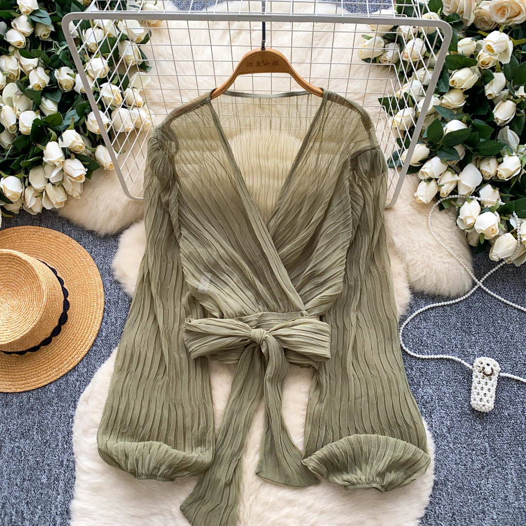 Bylle - V-neck Blouse with Bow and Ruffles