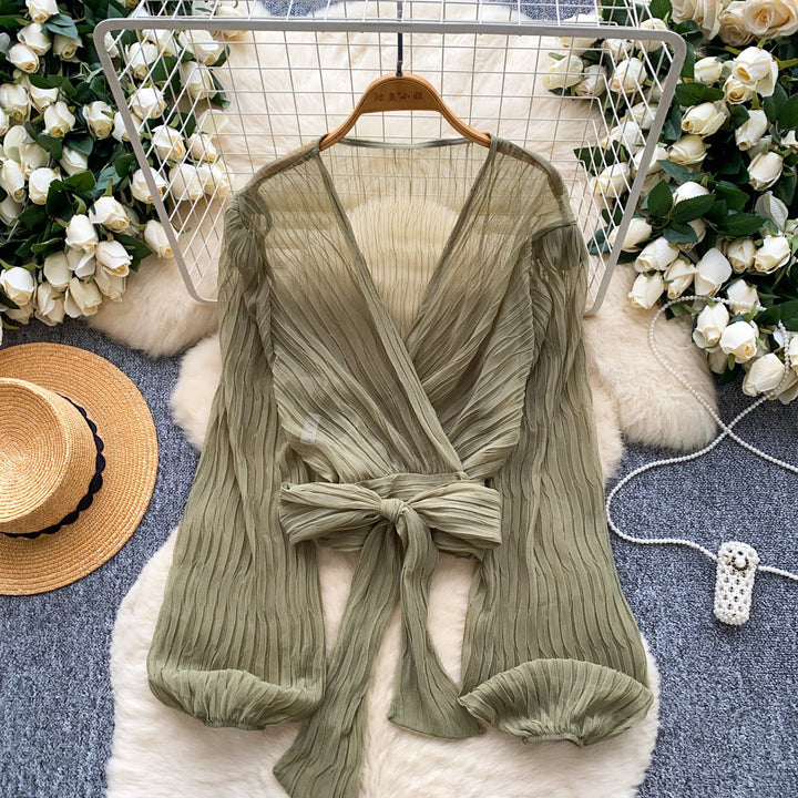 Bylle - V-neck Blouse with Bow and Ruffles