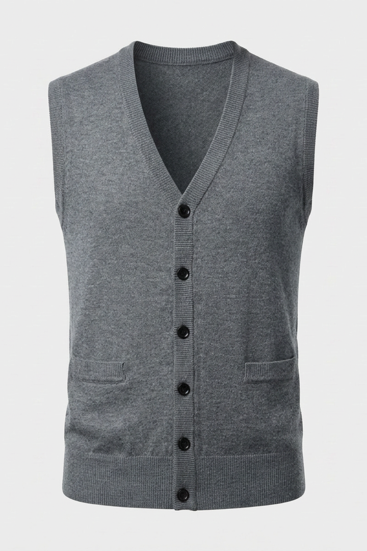 Men's Knitted Vest with V-Neck and Button Placket