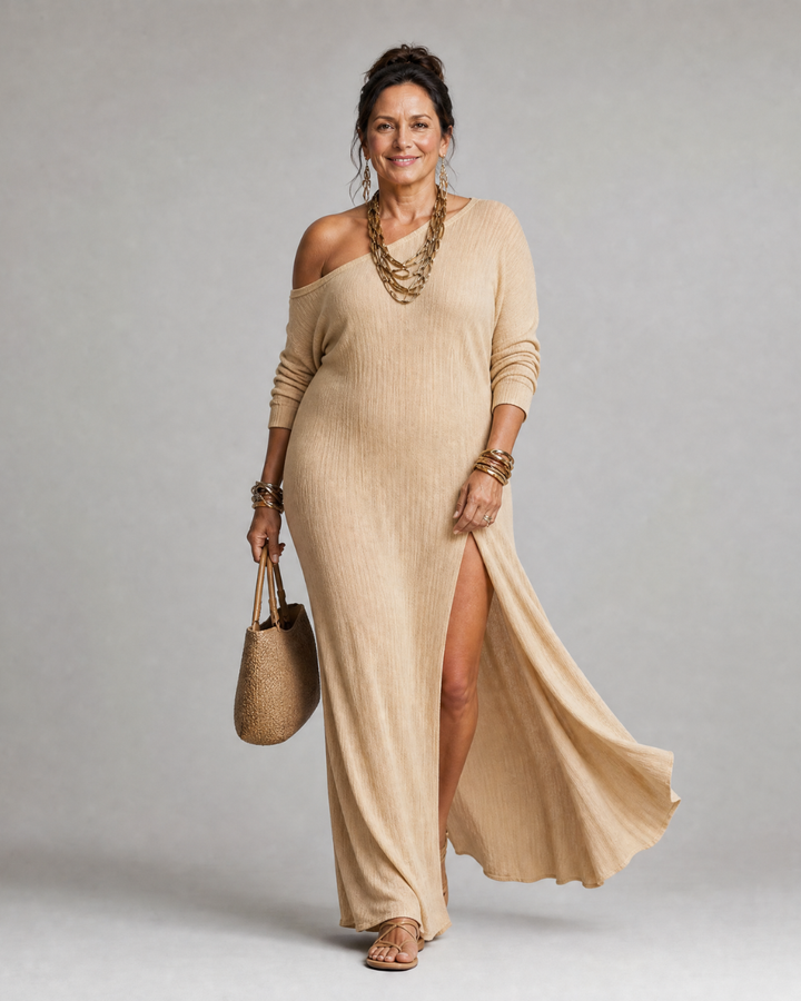 Asterelle One Shoulder Side Slit Flowing Midi Dress - Elena Harper