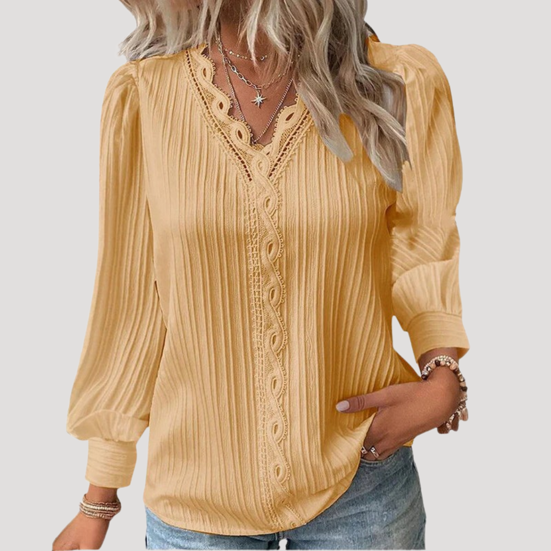 Elegant Women's Pleated Lace V-Neck Blouse