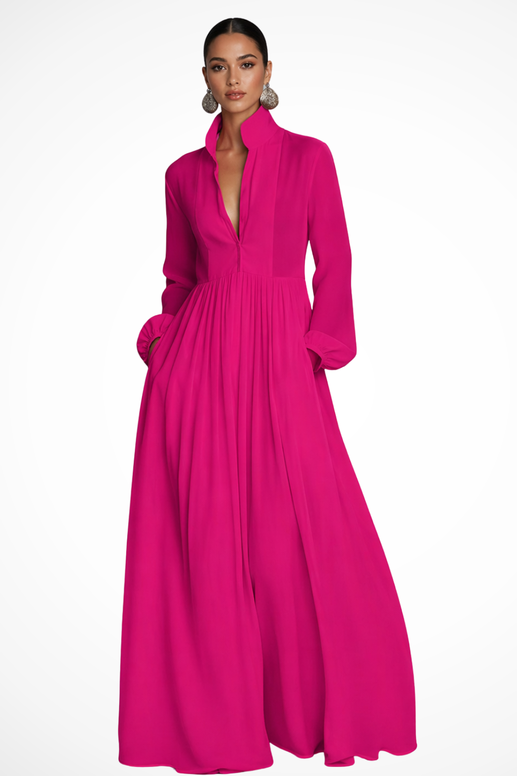 Ladies Maxi Dress Long Sleeve with Buttons and Pockets, view 2 - Elena Harper