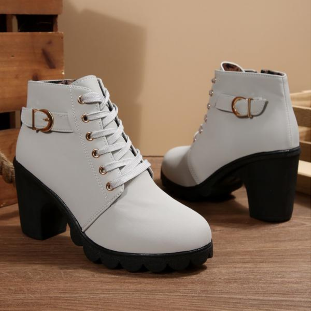 CATY Chic Lace-Up Metal Buckle Chunky Ankle Boots - Elena Harper