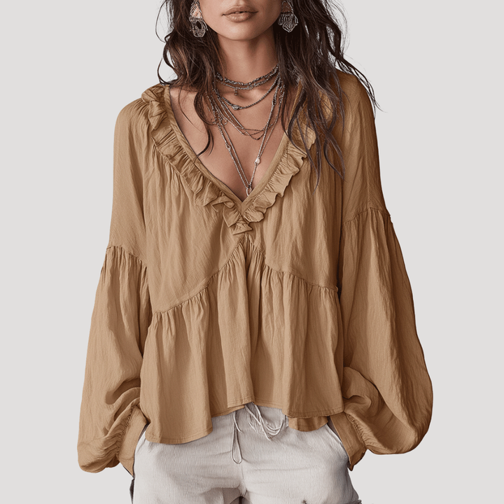 Women's V-Neck Blouse with Ruffles and Long Sleeves