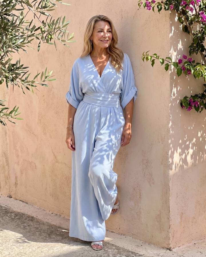 Emene Draped V Neck Wide Leg Relaxed Jumpsuit - Elena Harper