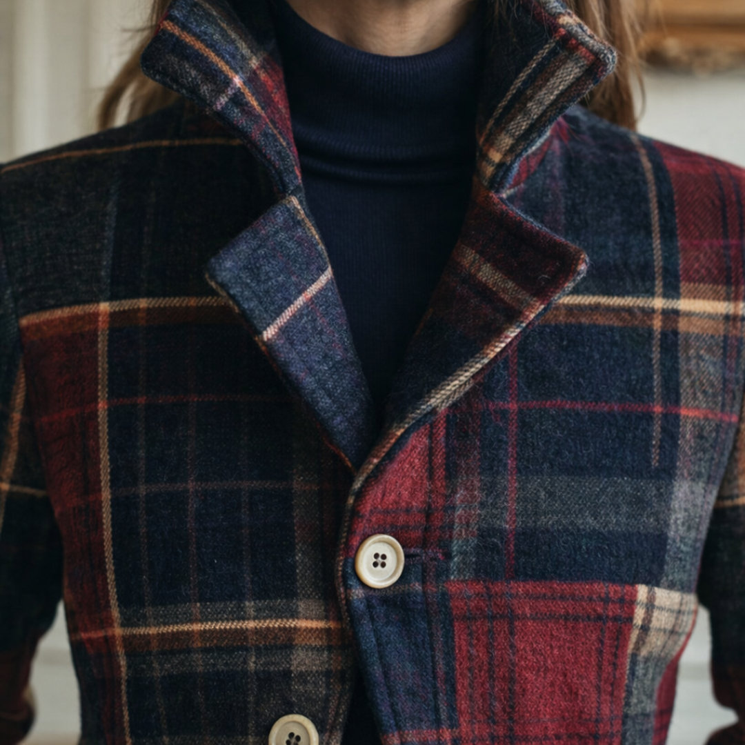 Emma & Rose Cape Town Natalie plaid mid-season coat displayed on a hanger, featuring a stylish checkered pattern and classic design.