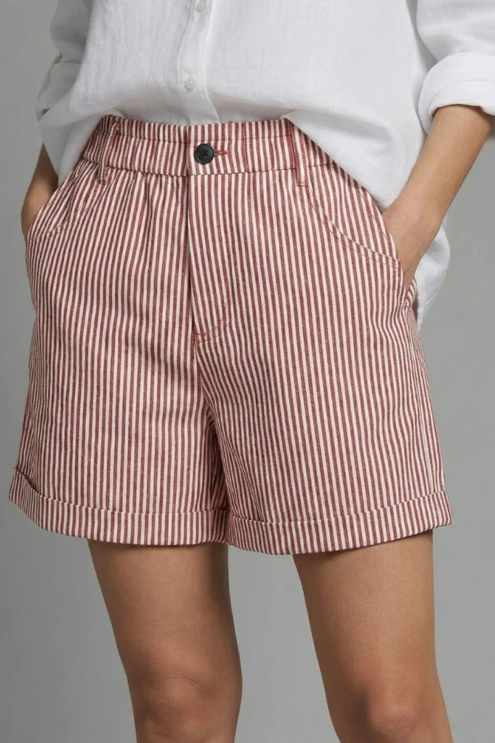 Women's Striped High Waist Tailored Shorts with Button Detail