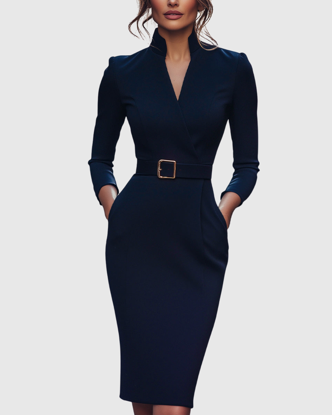 Women's Elegant Mock Wrap Midi Dress with Flattering Belt