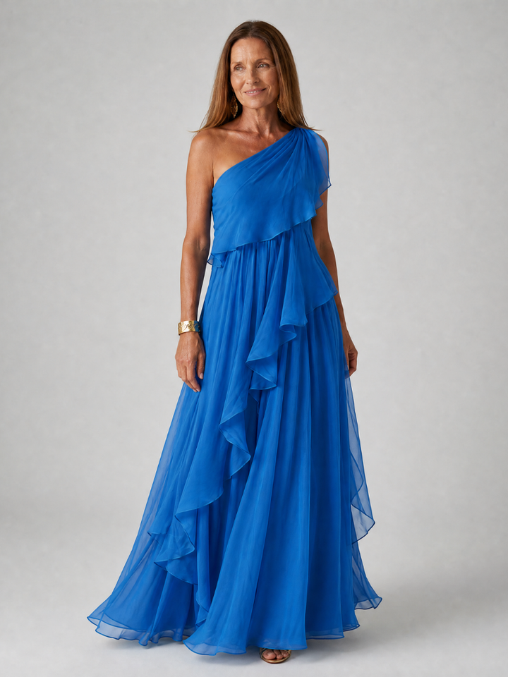 Asymmetrical Maxi Dress for Women with Ruffles in Chiffon, view 8 - Elena Harper