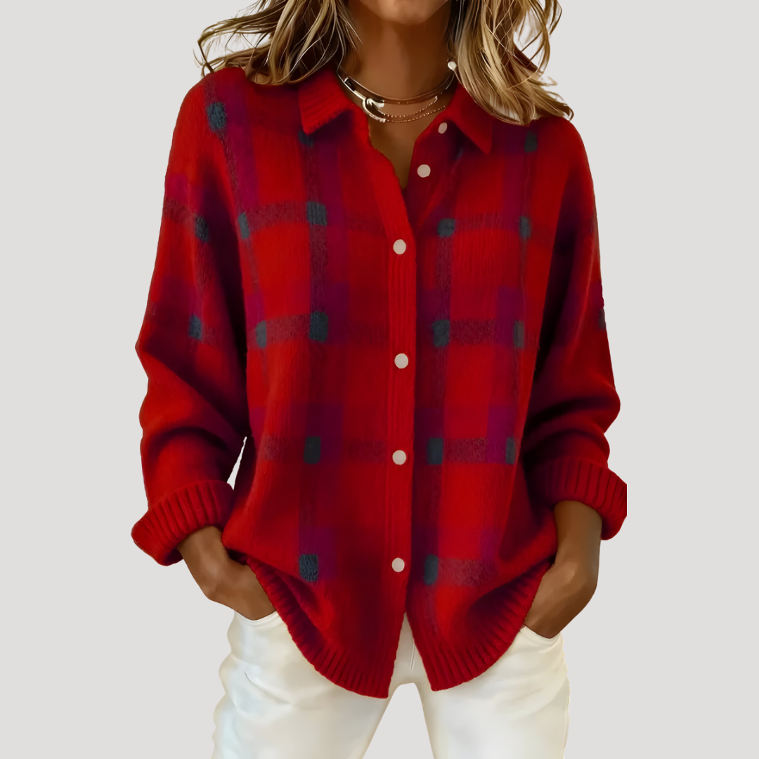 Women's Plaid Knit Cardigan with Loose Fit