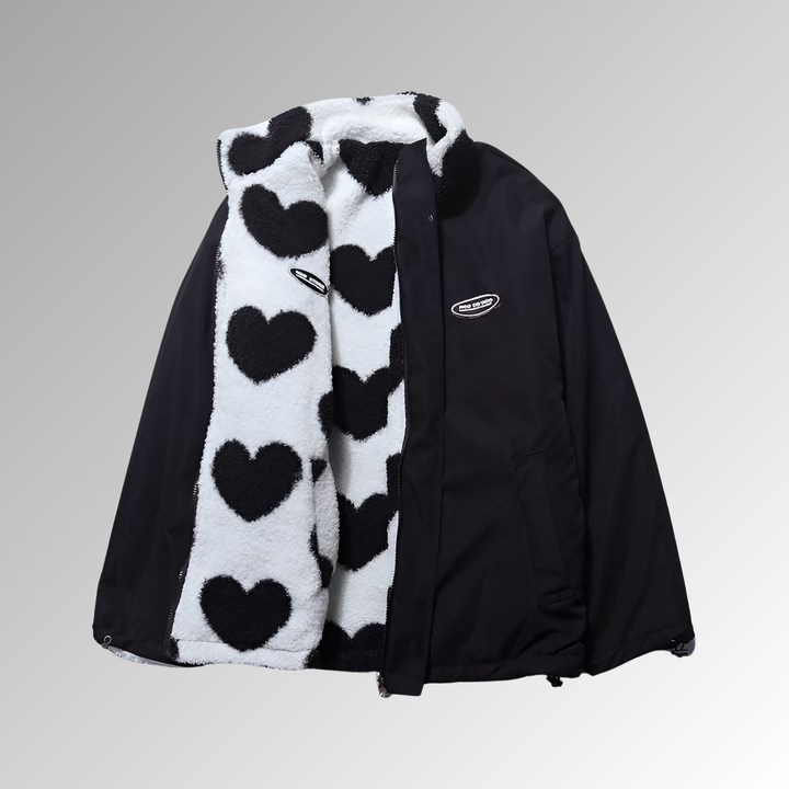 Women's Double-Faced Plush Winter Coat – Heart Patterns, Warm