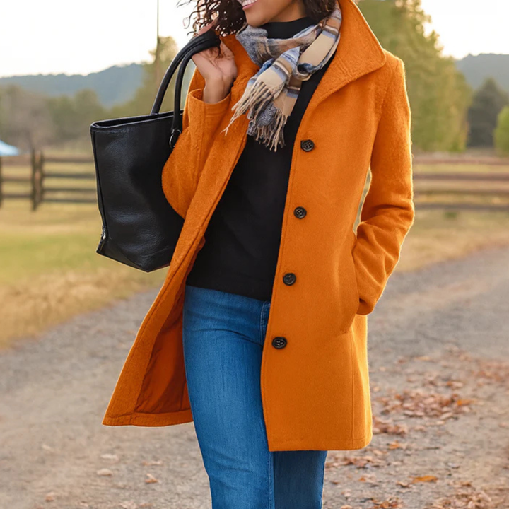 Elegant Long Buttoned Women's Coat with High Collar