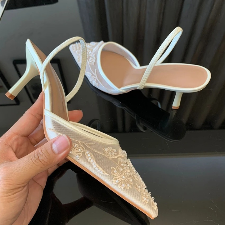 Embroidered Mesh Slingback Kitten Heels Pointed Toe
