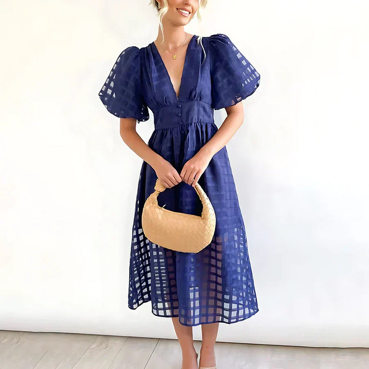 Caelis Midi Dress with Puff Sleeves in Classic Pattern, view 7 - Elena Harper