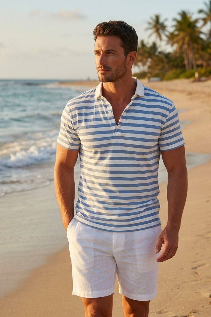 Men's Striped Polo Shirt Classic Collar, view 4 - Elena Harper