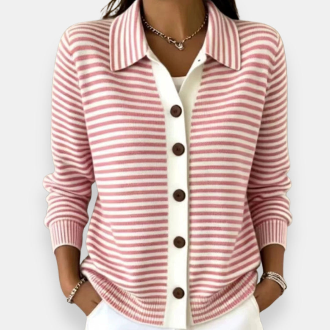 Women's Striped Collared Button Cardigan Nola, view 4 - Elena Harper