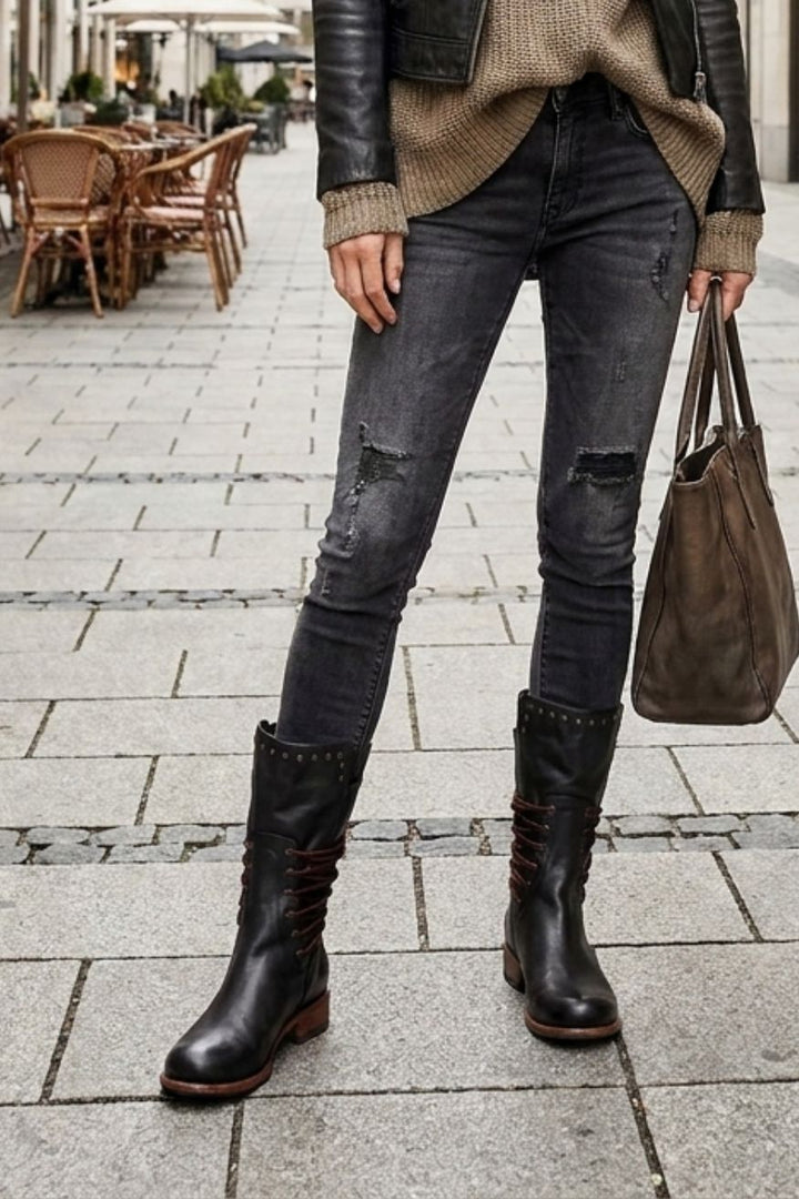 Women's Calf-Height Lace-Up Boots | Round Toe