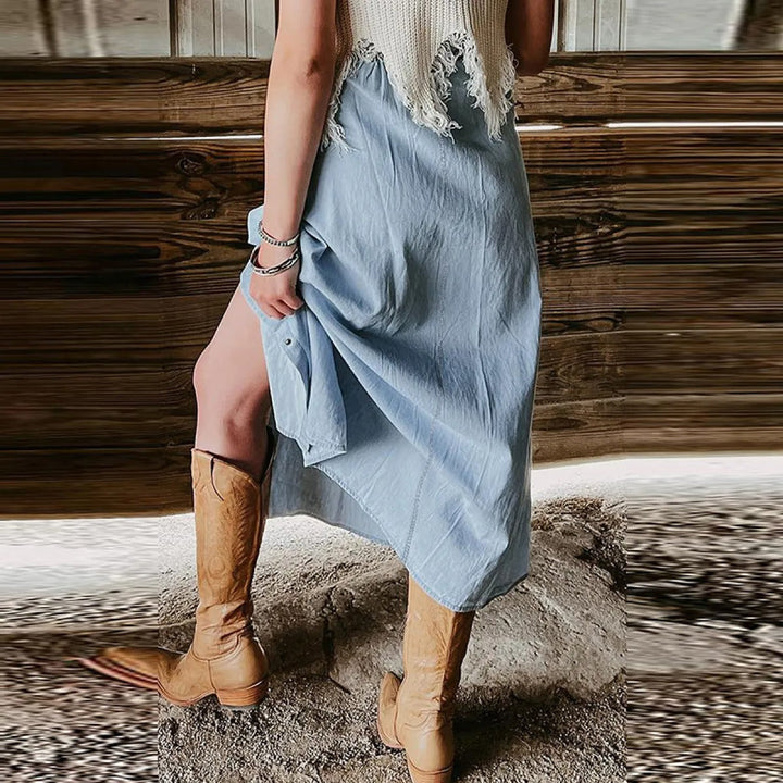 Long denim skirt for women with front buttons - Mairena