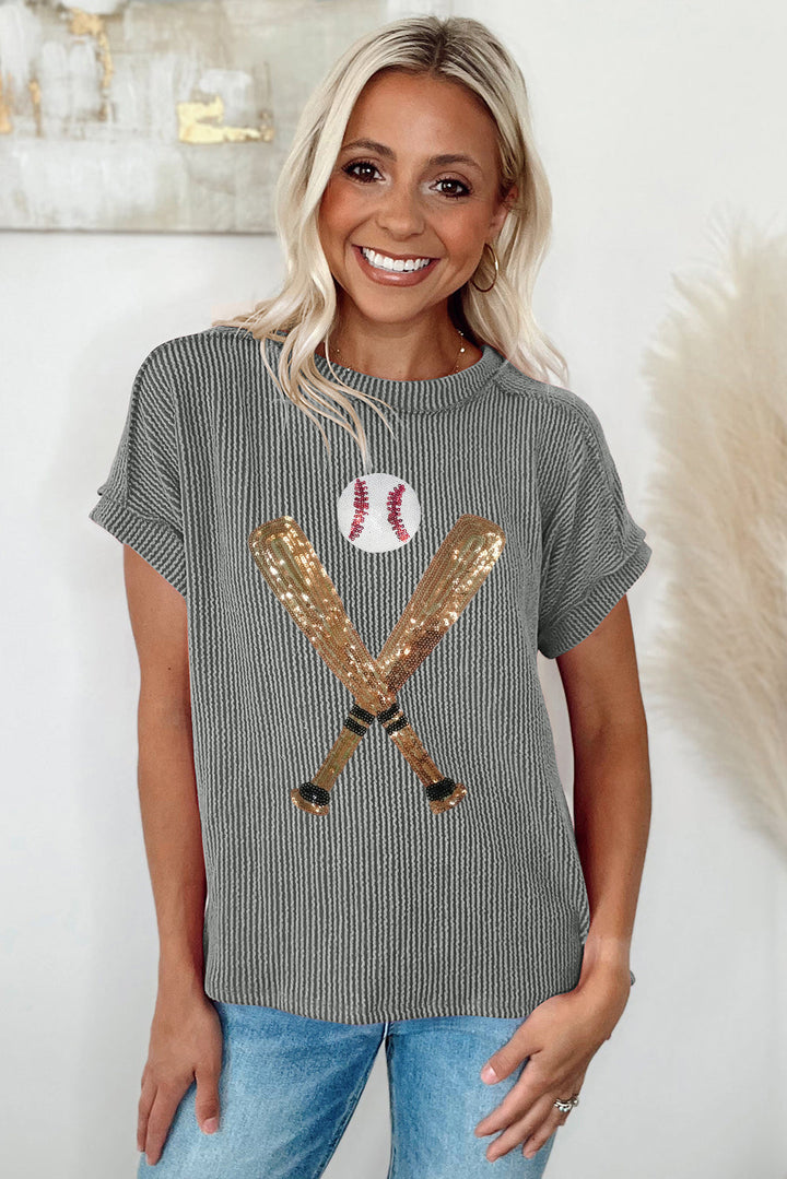 Medium Grey Ribbed Knit Sequin Baseball Graphic T Shirt