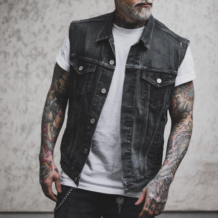 Sleeveless Denim Jacket with Notched Collar and Straight Hem | Perfect for Autumn